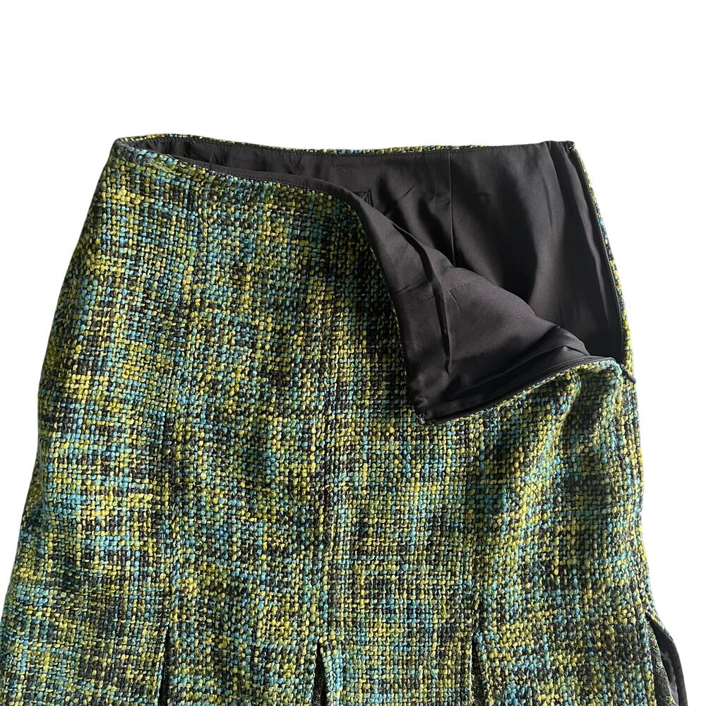 Yansi Fugel Tweed Wool Skirt Size 6 – Green Blue Lace Hem Flared Midi Retro - Picture 7 of 9